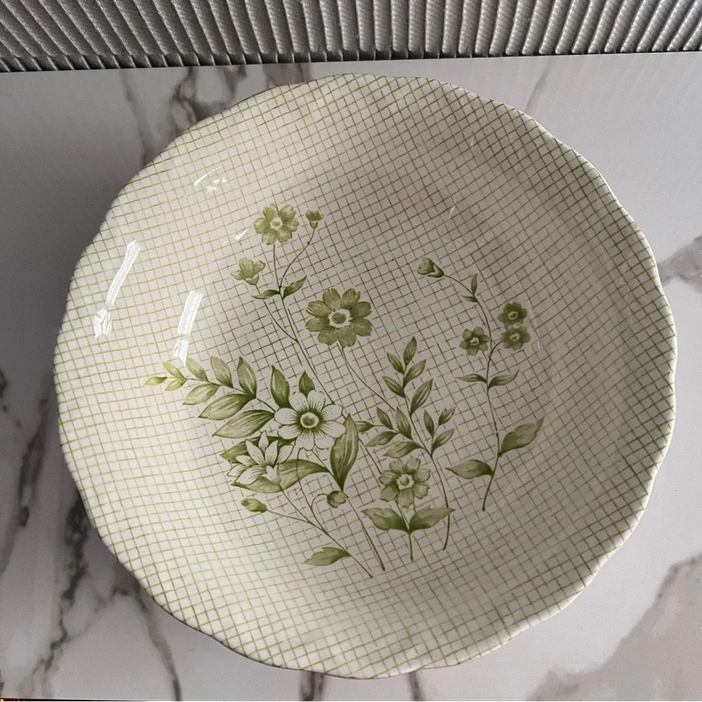 Vintage Ironstone Nikko Cream Green Floral Check Scalloped Rim Serving Bowl 9”